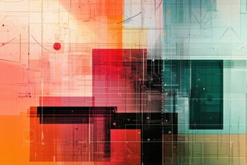 Poster - Visual representation of data processing with dynamic color patterns and intricate diagrams, data processing and diagrams over squares