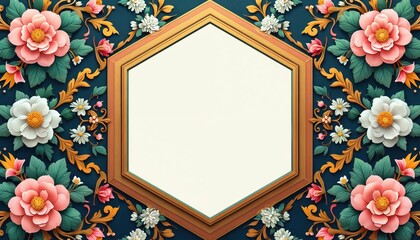 Poster - Intricate floral pattern surrounds hexagonal frame with cream-colored center. Pink, white flowers with green leaves, golden accents fill dark blue background. Vintage decorative design element,