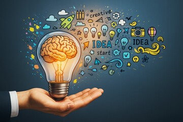 Poster - Businessman's hand holding glowing light bulb with brain inside, surrounded by creative icons and colorful abstract idea concepts on dark background.