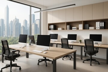 Poster - Modern open office workspace with large windows, minimalist furniture, and skyline background in daylight, representing business light concept.