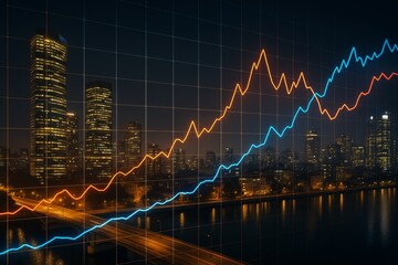 Poster - Business growth graph with light trails over nighttime city background showing creative financial analytics concept with glowing data lines.