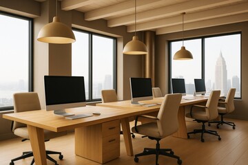 Poster - Modern office interior with minimalist workstations and panoramic city view in warm light tones, promoting a creative business environment.