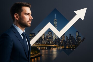 Poster - Confident businessman in suit with upward arrow and city skyline at night on abstract background symbolizing success and financial growth.