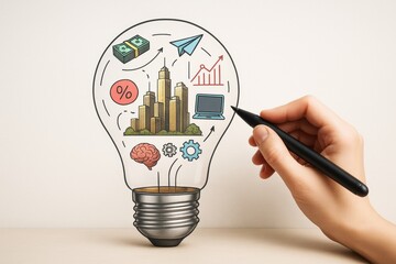 Poster - Creative hand drawing light bulb with business icons including cityscape, money, graphs, and gears on light background concept of innovation.