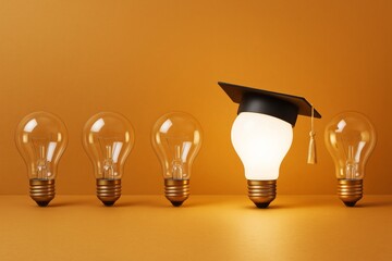 Poster - Glowing light bulb with graduation cap among unlit bulbs on orange background symbolizing education, creativity, and innovation concept.