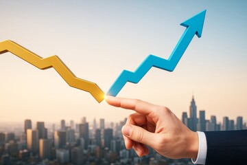 Poster - Business transformation concept with hand touching upward arrow switching from decline to growth over city background at sunrise light effect.