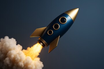 Poster - Stylish cartoon rocket launching into sky with fiery exhaust trail and smoke clouds on dark background, symbolizing innovation and startup concept.