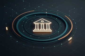 Poster - Glowing bank icon with circular tech interface on dark background representing digital financial system and online banking concept.