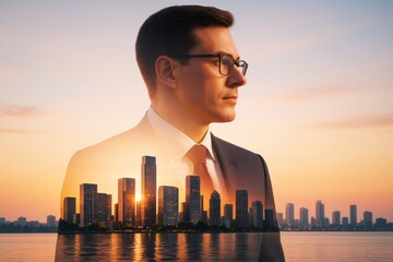 Poster - Confident businessman with city skyline double exposure at sunset, symbolizing ambition, growth, leadership and future vision in business world.