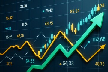 Poster - Abstract financial chart with candlestick bars and arrows on digital dark background showing business growth and market progress in light colors.