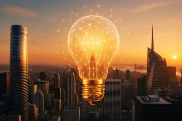 Poster - Futuristic glowing light bulb made of network lines over modern city skyline at sunset symbolizing innovation and business ideas in abstract style.
