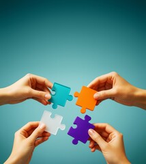 Poster - Four hands holding colorful puzzle pieces on teal background, symbolizing teamwork, collaboration, and business connection concept.