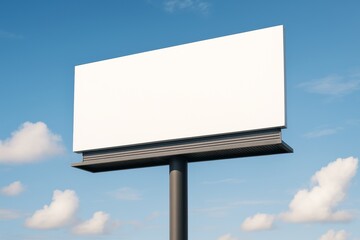 Poster - Empty white billboard mockup with clean design and copy space on bright blue sky background for advertising or promotion concept. Ai generative.