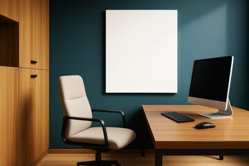 Poster - Modern office workspace with wooden desk, blank white poster on teal wall, and computer setup in clean and minimal interior design style.