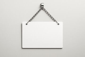 Poster - Blank white hanging sign with metallic chain on light wall background for advertising, branding, poster mockup, or business promotion template.