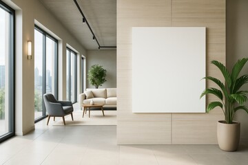 Poster - Modern office interior with large blank poster on wall next to cozy seating area and floor-to-ceiling windows with city view in daylight.