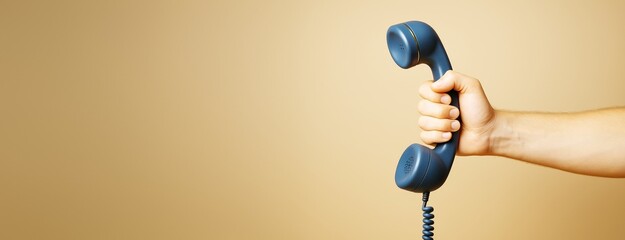 Poster - Hand holding retro blue telephone receiver on beige background with copy space for communication or customer service concept design template mockup.