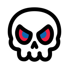 Poster - Bold Cartoon Skull with Red/Blue Eyes, Black Outline, White Background.