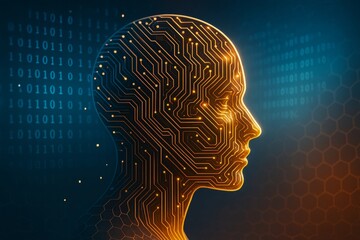 Poster - Human head shaped circuit board with glowing orange lines on dark binary background, symbolizing artificial intelligence and digital thinking.