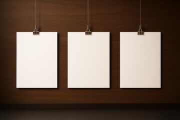 Poster - Three blank posters hanging on a dark wooden wall background with soft lighting, ideal for advertising, branding, or creative design presentation mockup.