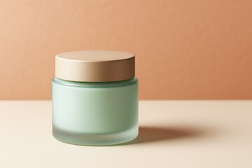 Poster - Green frosted cosmetic jar with golden cap on pastel background with blank copy space for branding or product design concept mockup template.