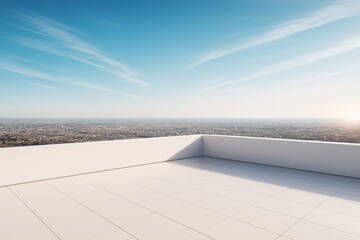 Poster - Modern rooftop terrace with blank white tiles and panoramic city skyline under clear blue sky at sunrise, perfect for design mockup or ad concept..