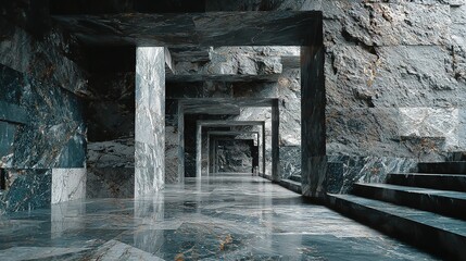 Poster - Surreal Marble Hallway with Repeating Arches and Reflective Floor