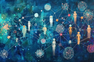 Poster - Exploring a network of connections illustrated through medical icons on a colorful background, network of connections over medical icons