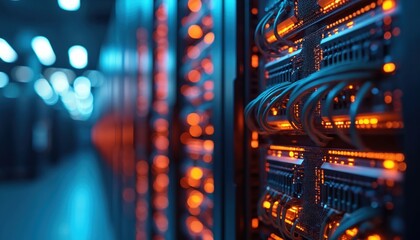 Poster - Close-up of server rack with glowing orange network cables, data transfer, modern technology in server room. Blurred background enhances focus on intricate connections, data flow, high-tech