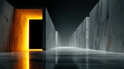 Poster - Glowing Amber Portal: Abstract Architectural Corridor with Reflective Floor and Dramatic Lighting