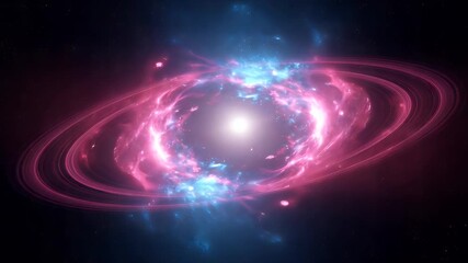 Wall Mural - A radiant cosmic scene features a bright central light surrounded by a swirling nebula in shades of pink and blue, rimmed by rings