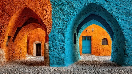 Poster - Colorful Arches: Vibrant Architectural Passage with Textured Walls and Cobblestone Street.