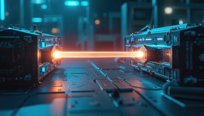 Poster - Futuristic illustration shows two quantum computers linked by glowing orange energy beam. Advanced technology concept symbolizes groundbreaking progress in science, research, and complex computation.