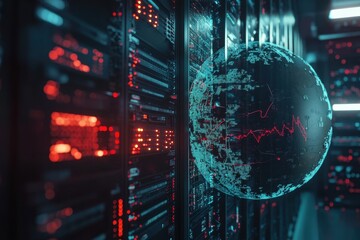 Poster - Visualizing global data processing with a spinning globe and digital technology in a data center, spinning globe and digital data processing over computer servers