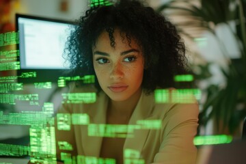 Poster - Digital data processing by biracial businesswoman in a modern office environment, digital data processing over biracial businesswoman in office