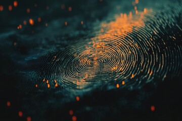 Aufkleber - Biometric fingerprint illustration with glowing digital data processing background, biometric fingerprint over digital data processing on dark background