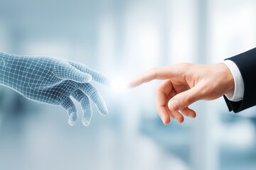 Poster - Human touching digital hand symbolizing technology and people interaction on light background, concept of connection and innovation in future tech.