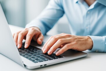 Poster - Close-up of male hands typing on laptop keyboard in bright office environment with soft light and abstract background for work concept.