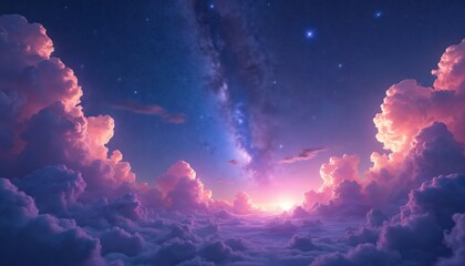digital artwork of vibrant night sky filled with luminous purple, blue clouds, shimmering stars. cos