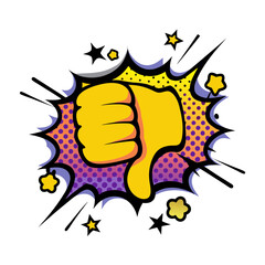 Poster - Thumbs down cartoon hand illustration in pop art comic style, isolated vector image on transparent background 