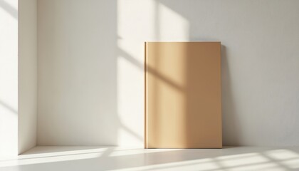 Poster - Minimalist composition features tan book standing vertically against clean white wall. Soft light casts subtle shadows, creating calm, elegant atmosphere. Matte cover offers neutral backdrop for