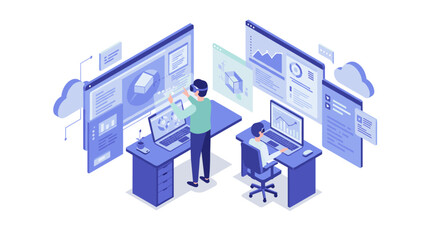 Poster - Isometric virtual reality workspace with futuristic technology and dat