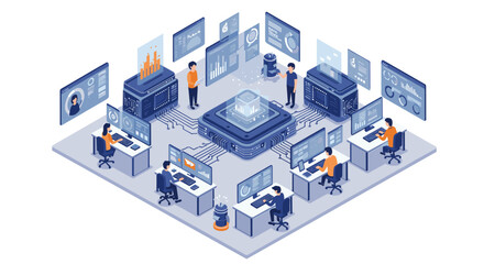 Poster - Isometric office with digital technology and data analytics in a moder