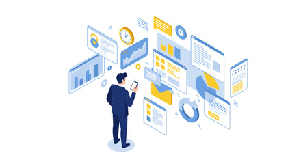 Poster - Business analyst reviewing data on digital dashboards in an isometric