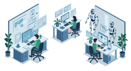 Poster - Isometric office scene with colleagues working on computers and ai rob