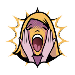 Poster - Woman screaming with hands on face in comic book style pop art, isolated vector image on transparent background  