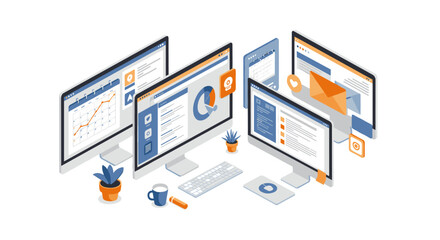 Poster - Isometric office workspace with digital analytics and documents on com