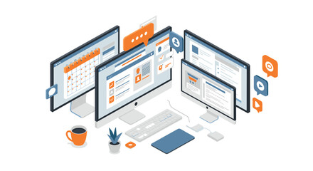 Poster - Isometric office workspace with multiple monitors and communication ic