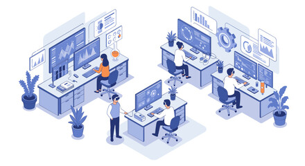 Poster - Isometric office workspace with team analyzing data and technology