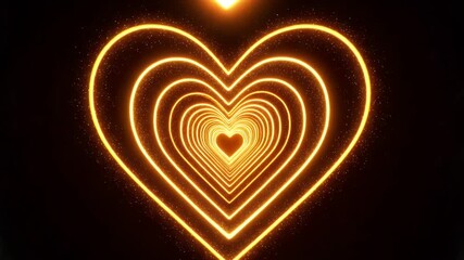 Wall Mural - A series of glowing golden heart-shaped lines receding into the distance on a black background, creating a tunnel